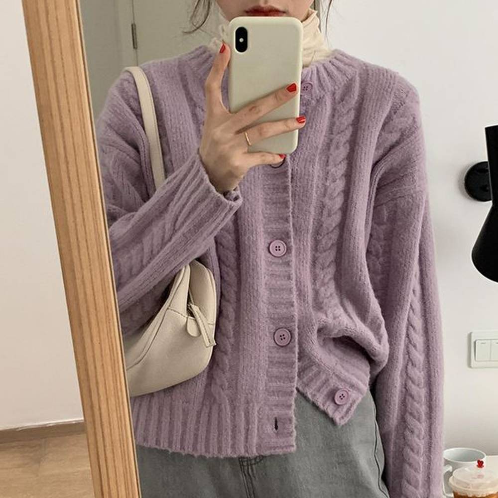soft waxy fried dough twists solid color knitting cardigan in