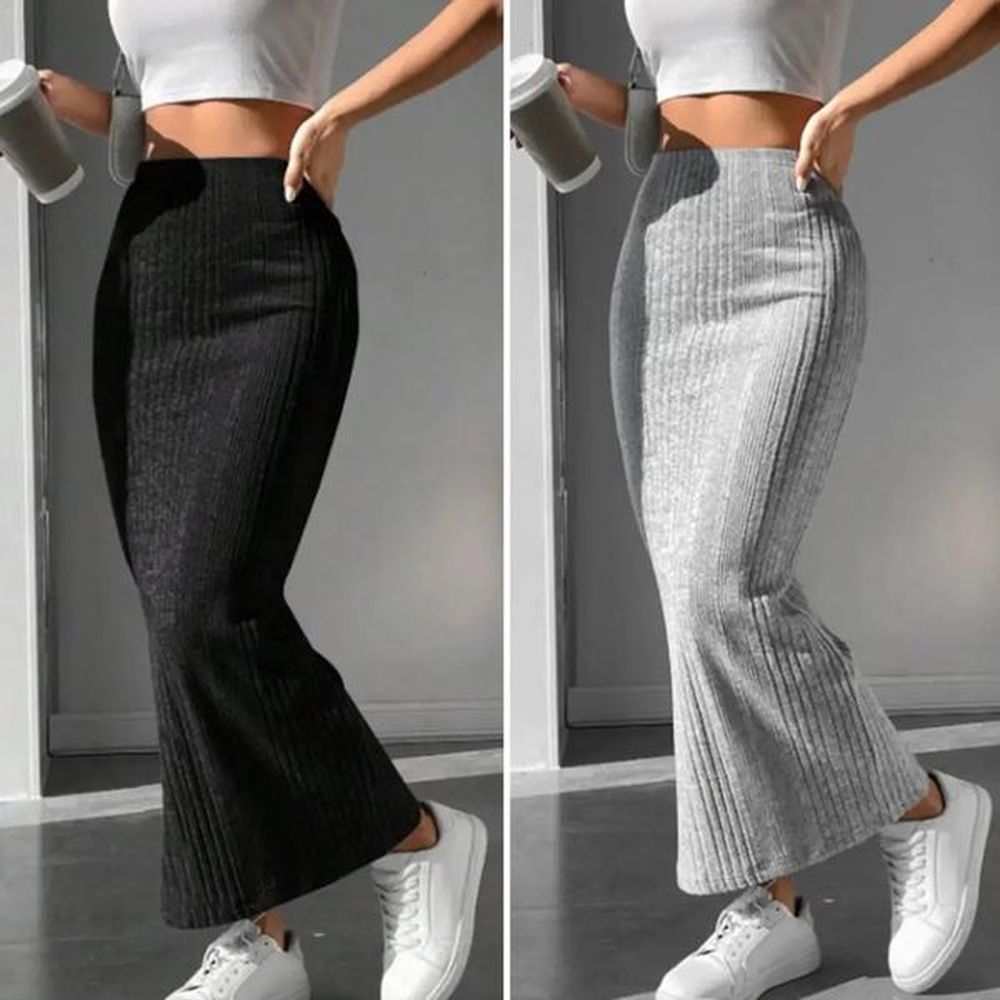 solid bodycon ruched knitted long skirt women sexy black elastic