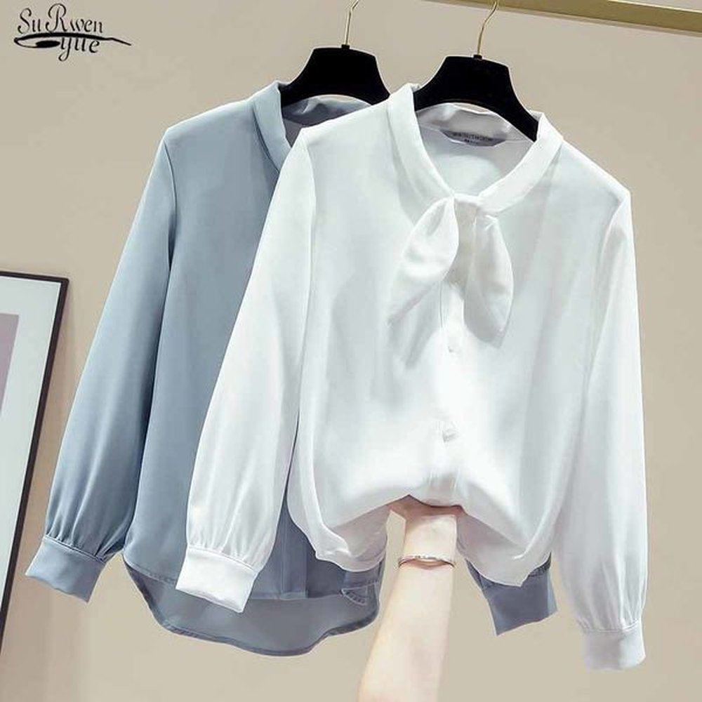 solid color bow tie autumn fashion chiffon blouse women long