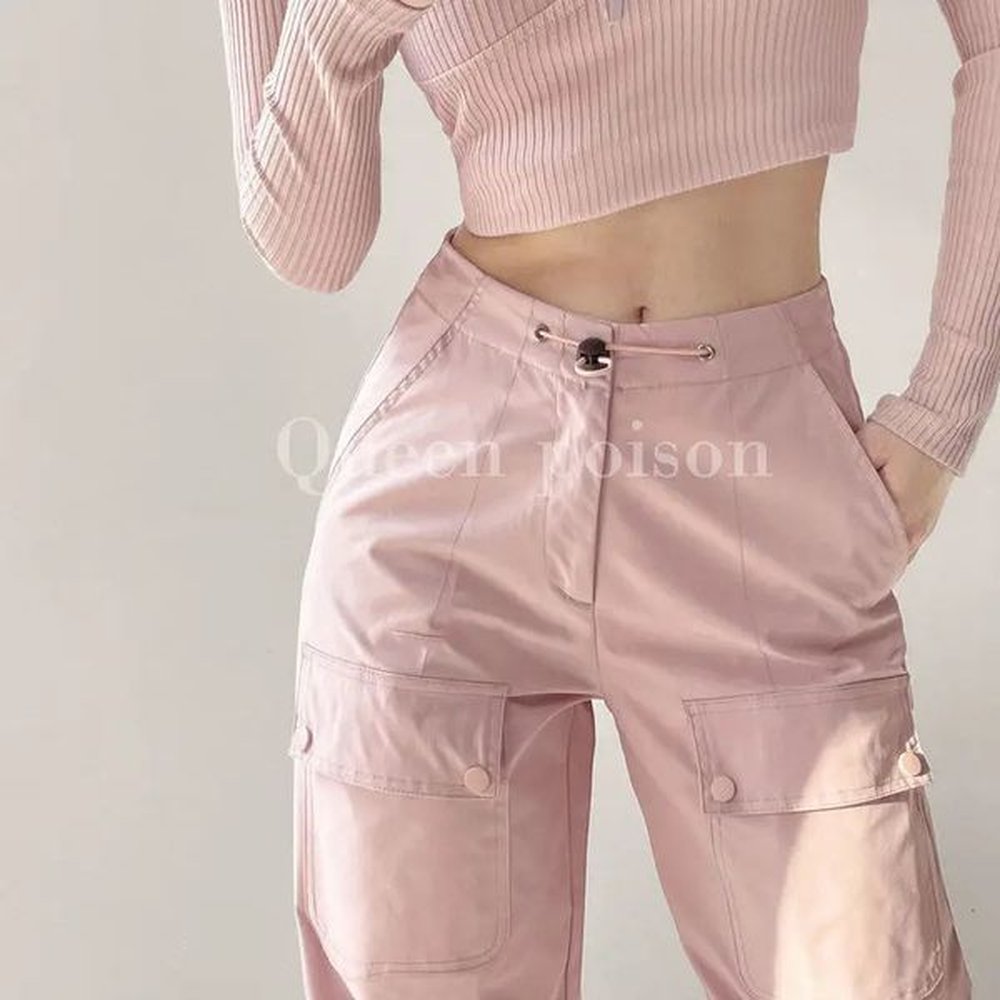 solid color button pocket high waist casual goods straight spring