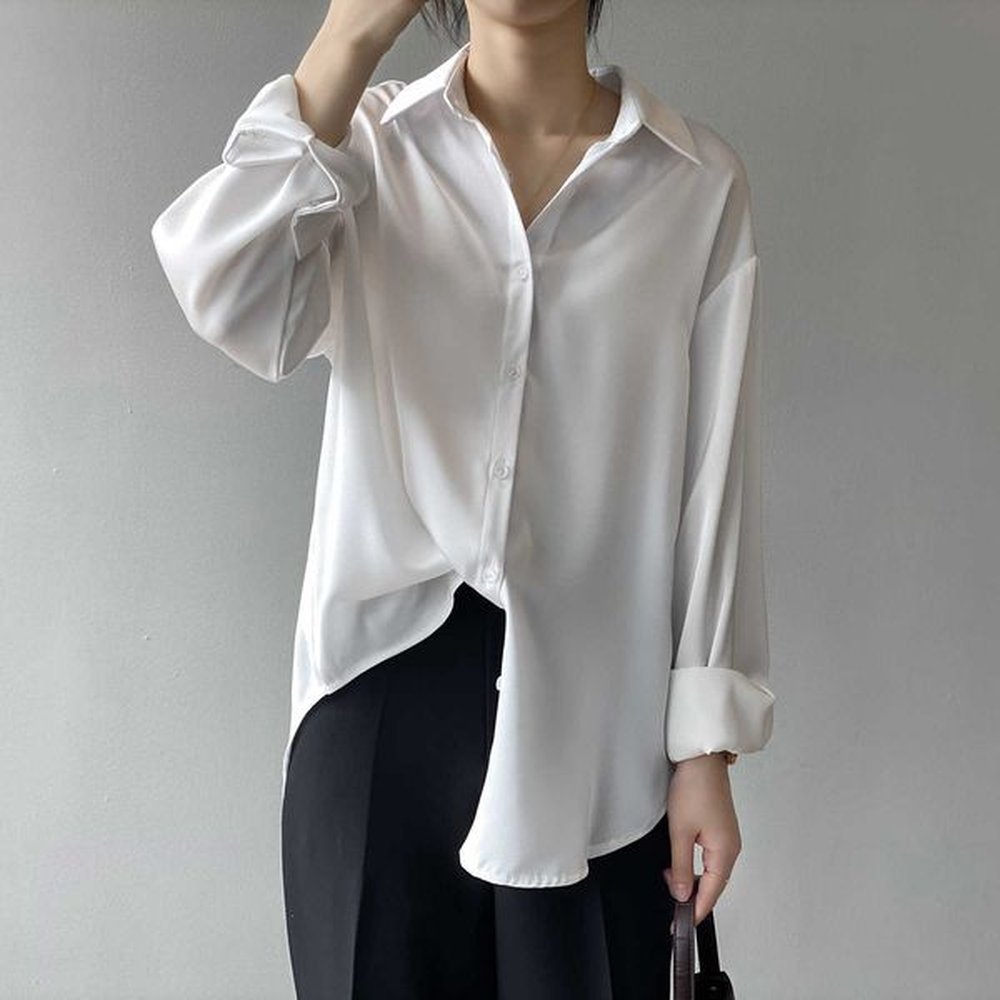 solid color long sleeve white shirts womens spring korean satin