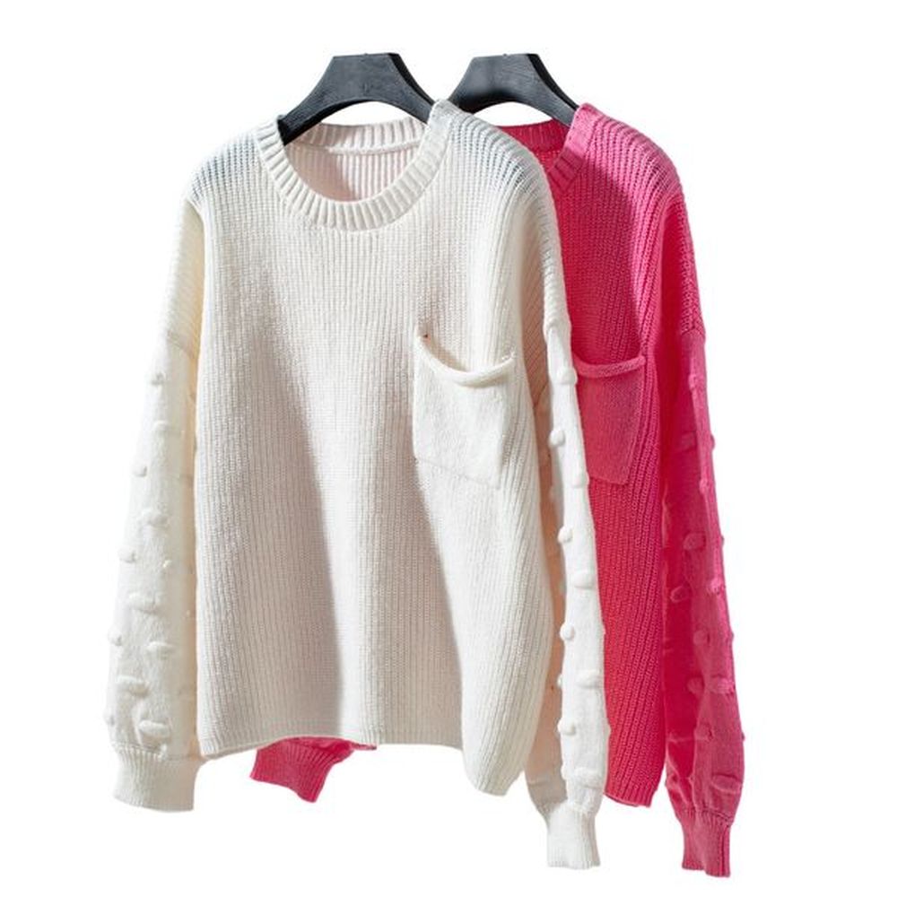 solid color pocketed casual knitwear sweater for women lantern sleeve