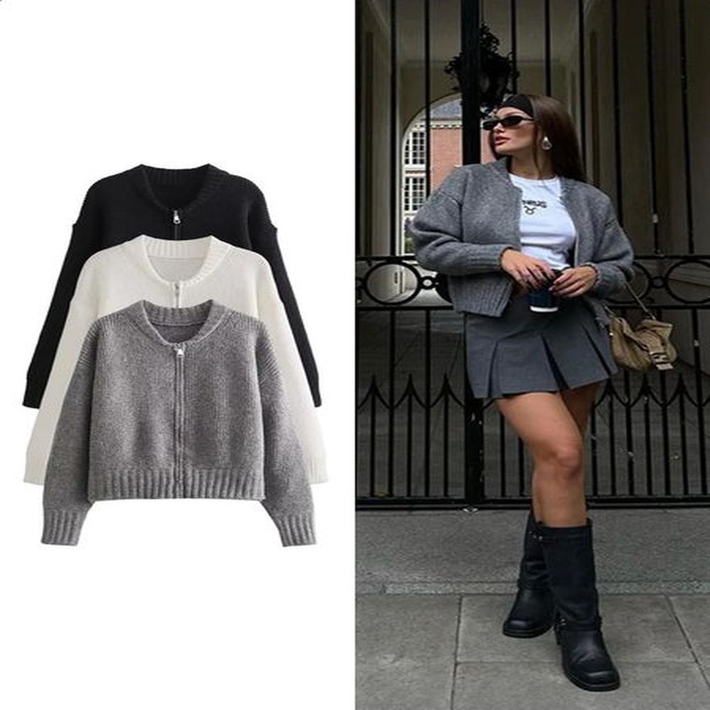 solid color round neck cardigan autumn winter zipup knitted jacket