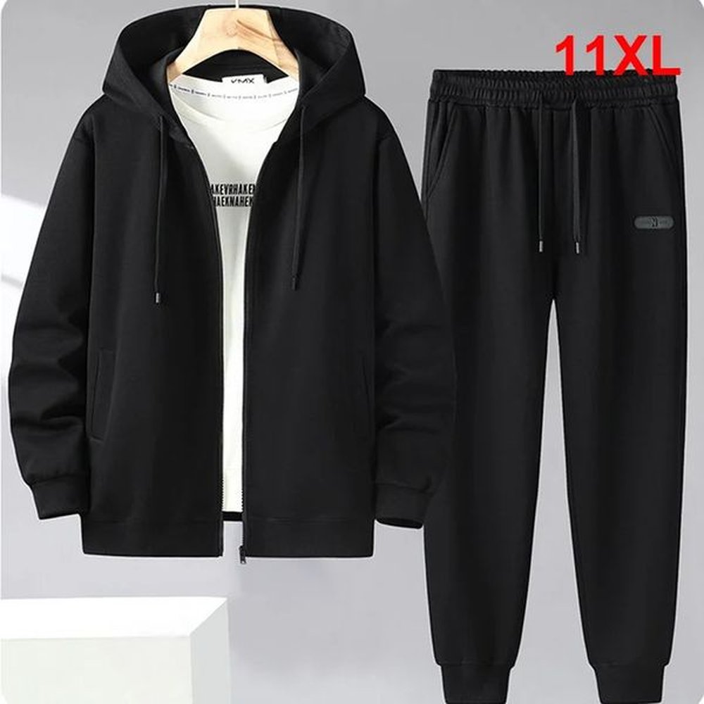 Solid color sportswear mens 11XL plus size set zipper hooded sweatshirt sports pants set spring autumn jogging pants mens large size 10XL 24