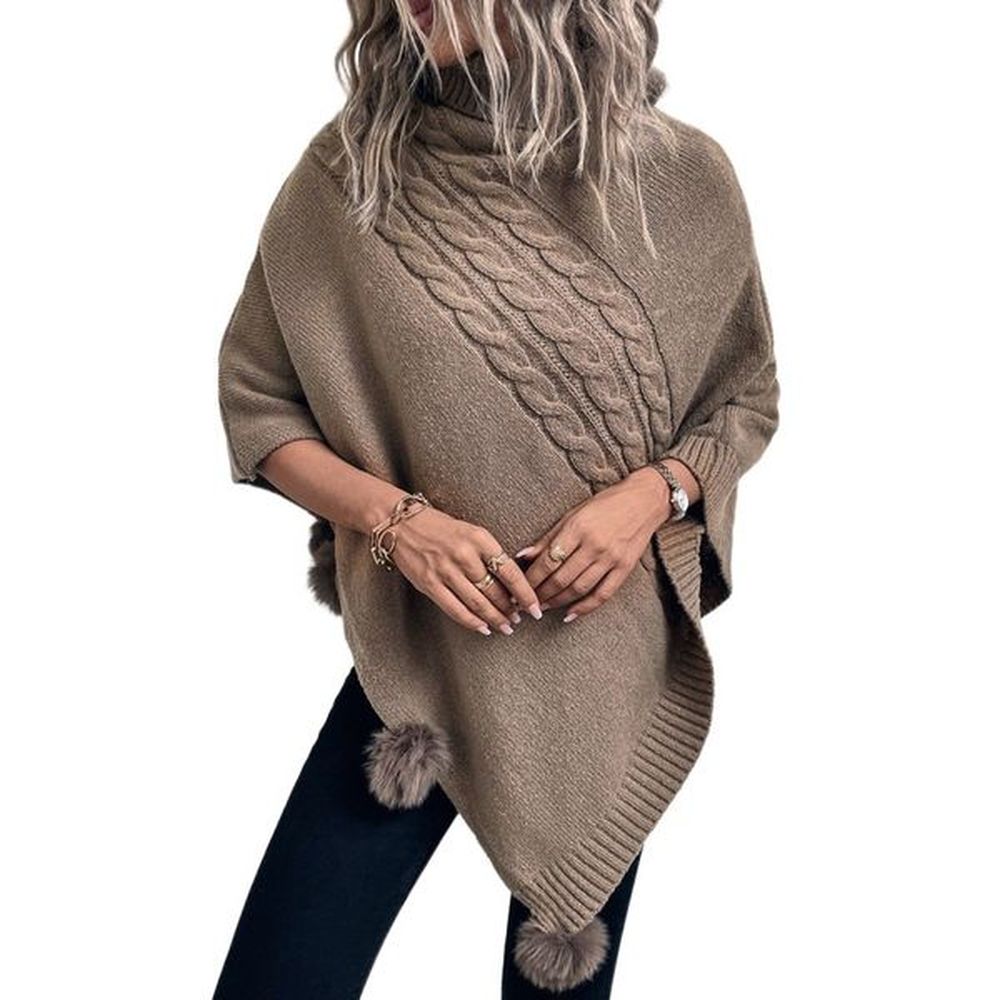 solid color turtleneck womens knit cape sweater coat hairball knitting