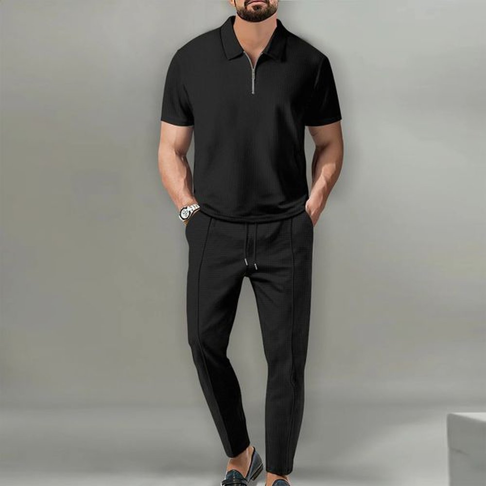 Solid color waffle shirt jogging set mens sports breathable body enhancing casual and fashionable long S-XXXL 241217