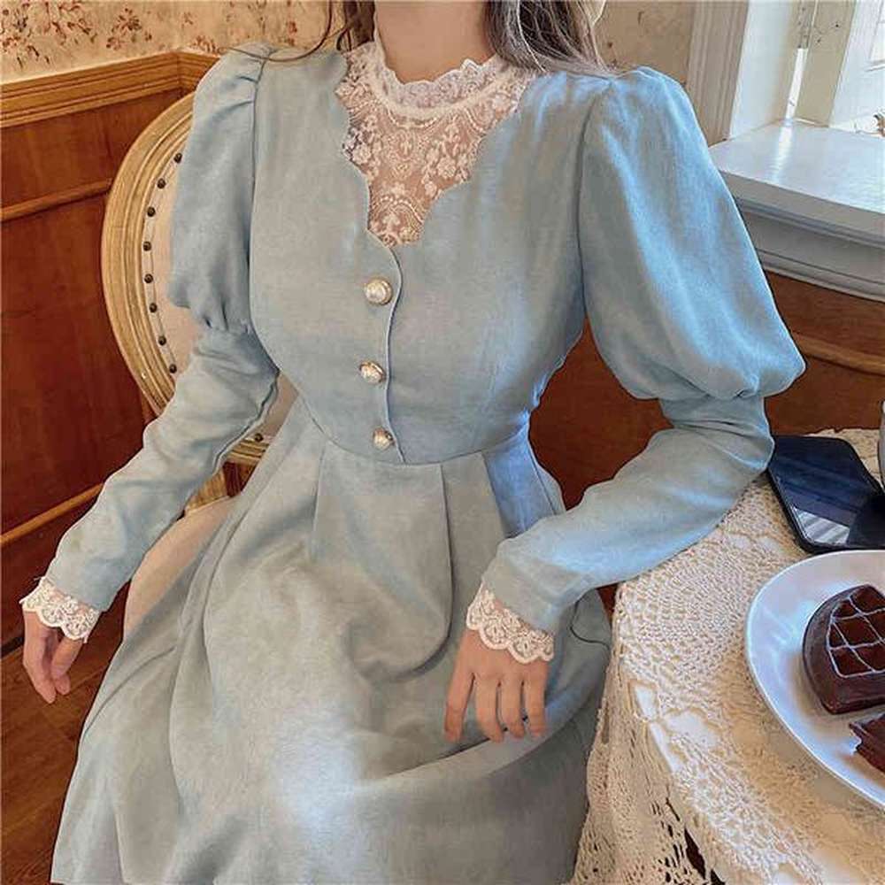solid elegant dress women winter patchwork lace party midi dress