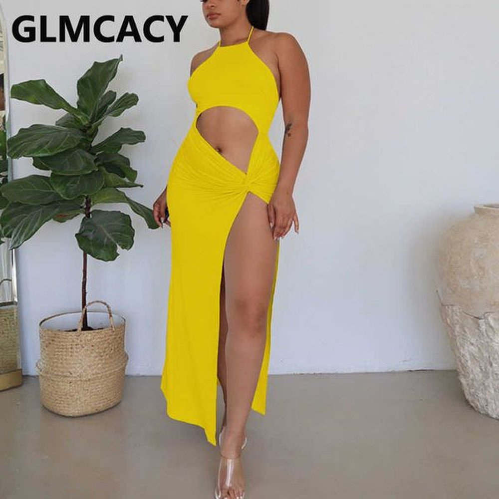 solid halter cut out sexy long dress high slit elegant