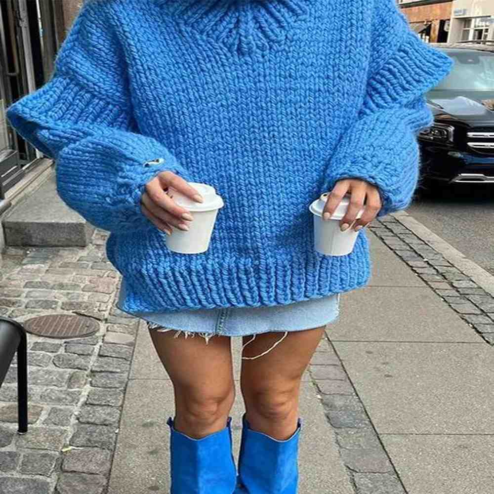 solid knit turtlrneck double lantern sleeve women pullover thick warm