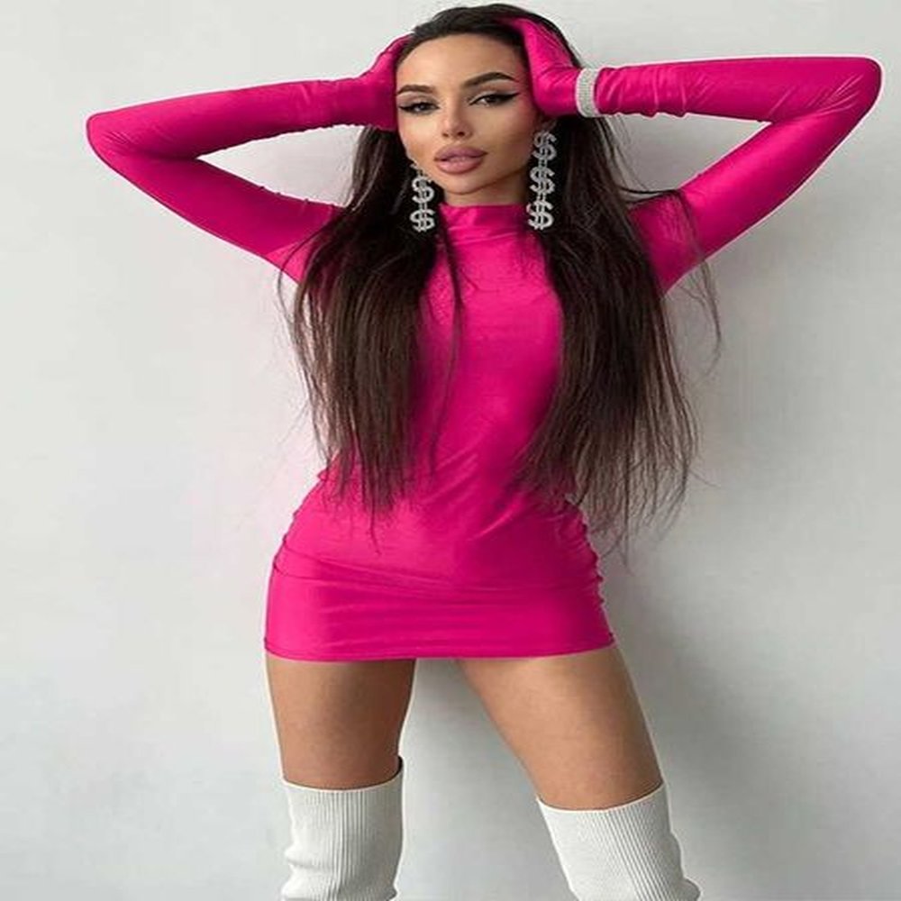 solid long sleeve with gloves mini dress bodycon sexy streetwear