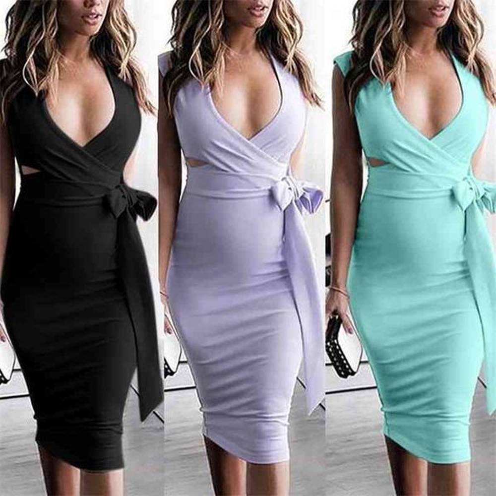 solid open chest sexy cross waist tight street evening dress