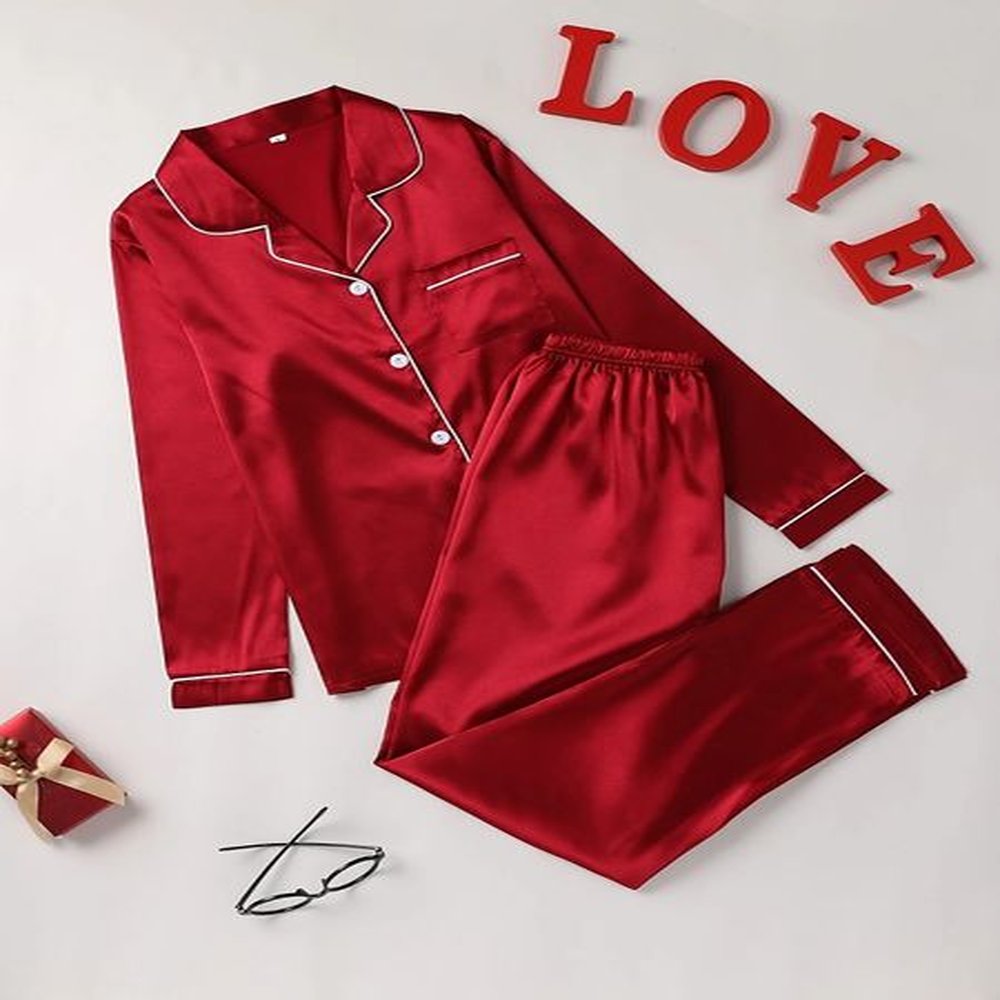 solid pajama set long sleeve button up lapel top pants