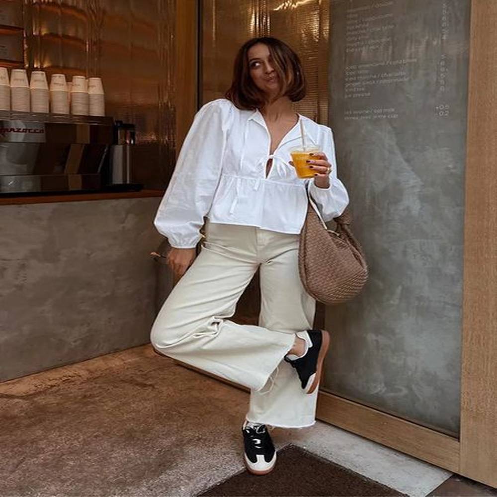 solid pleated laceup shirt lantern sleeve lapel collar top