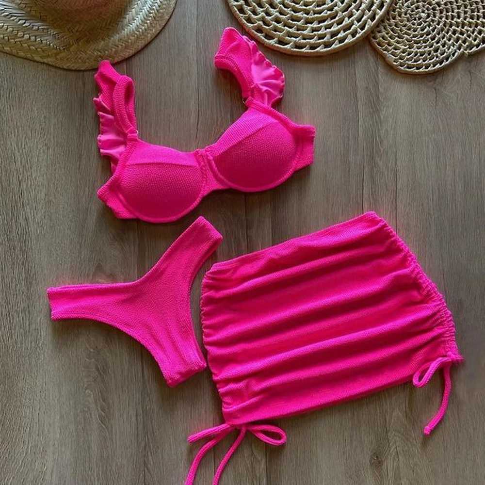 solid wavy fabric low waist bikini set cover up swimsuit