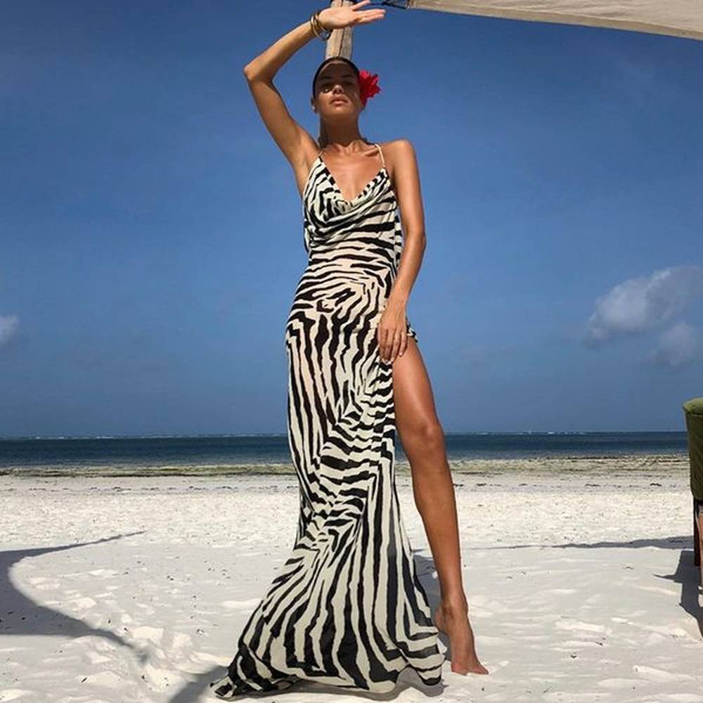 spaghetti strap zebra stripes maxi dress for women gown summer