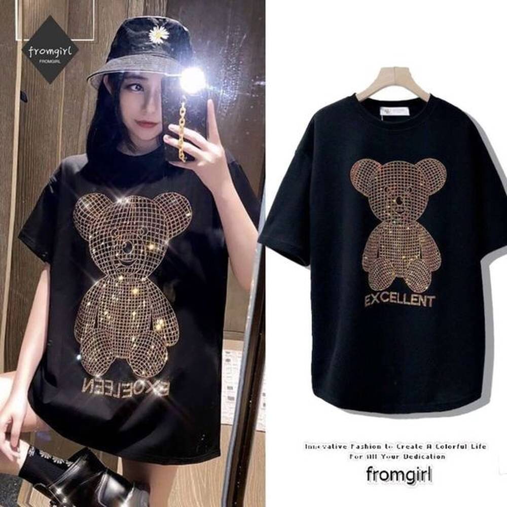 sparkling cartoon bear midlength loose shortsleeved tshirt women summer korean