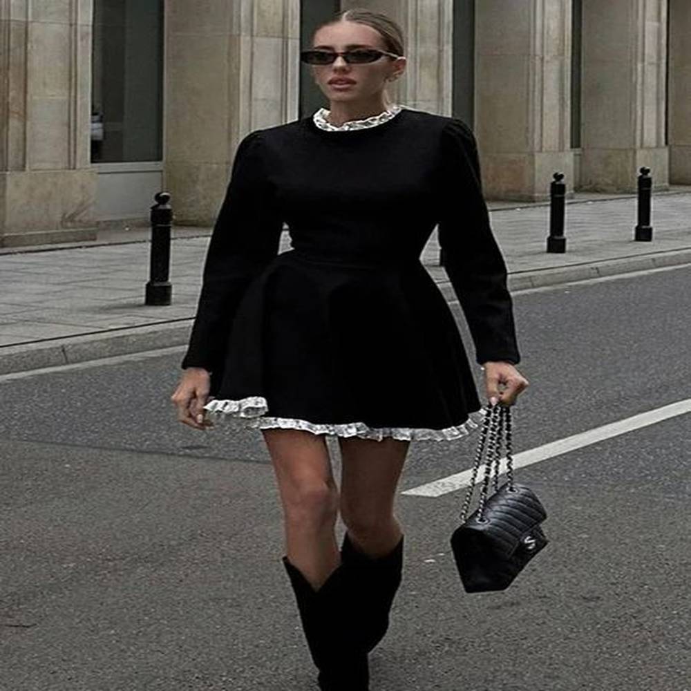 splice lace mini dress for women high waist slim elegant
