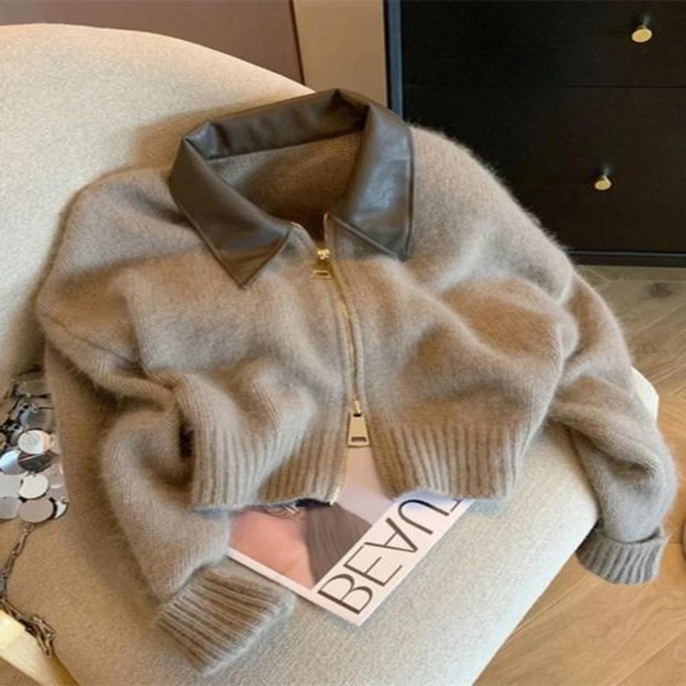 spliced leather collar knit sweater fashion double zipper cardigan womens