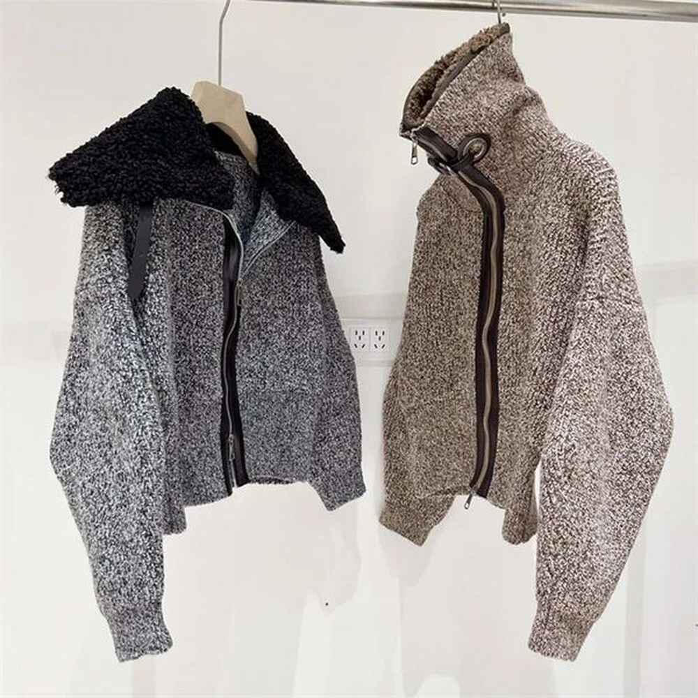 spliced leather knit sweater fashion zipper cardigan womens autumnwinter