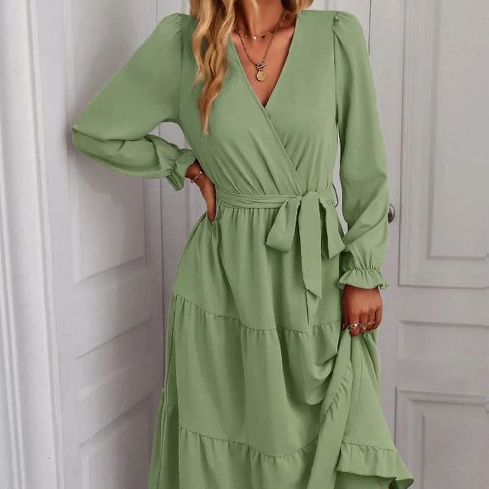 spliced vneck solid color minimalist casual long dress womens sleeves