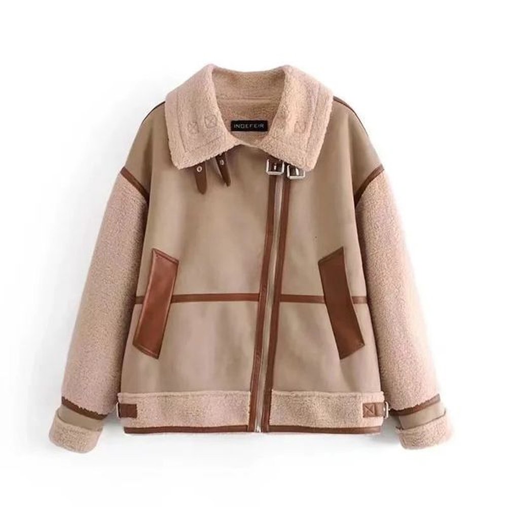 splicing fur and leather onepiece jacket for womens fashion a