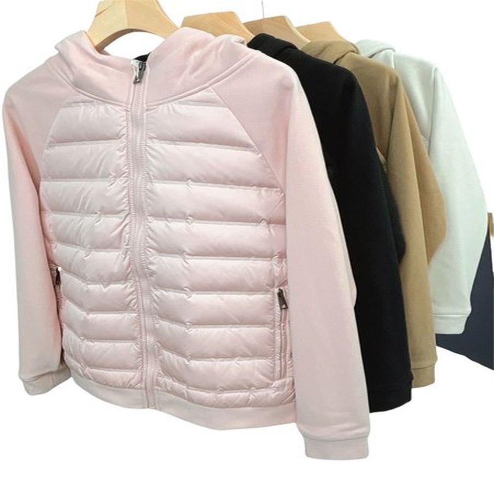 Splicing hoodie and hat for couples down jacket with 90% white duck down 2024 thin knit design