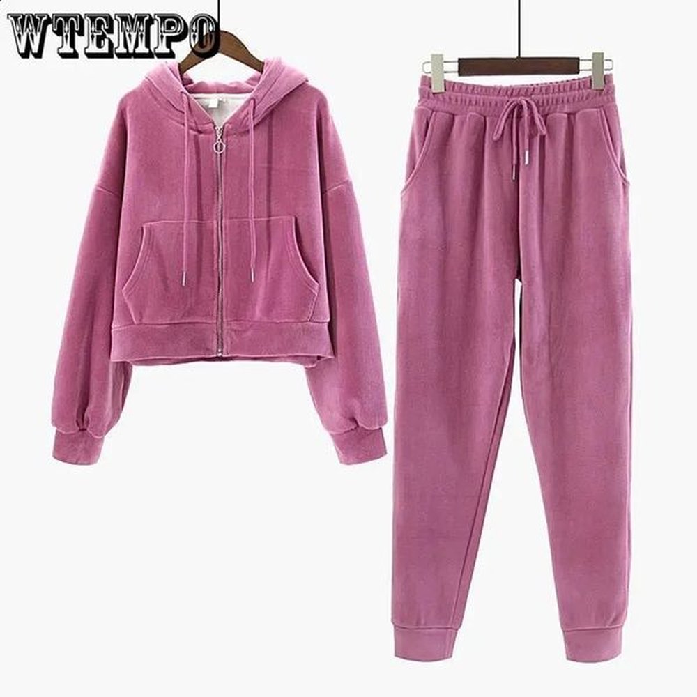 sports hoodie set plush thick warm piece set womens long