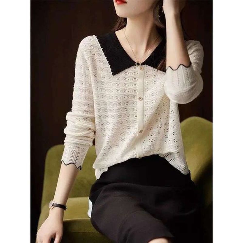 spring and autumn fashion solid color collar long sleeve womens