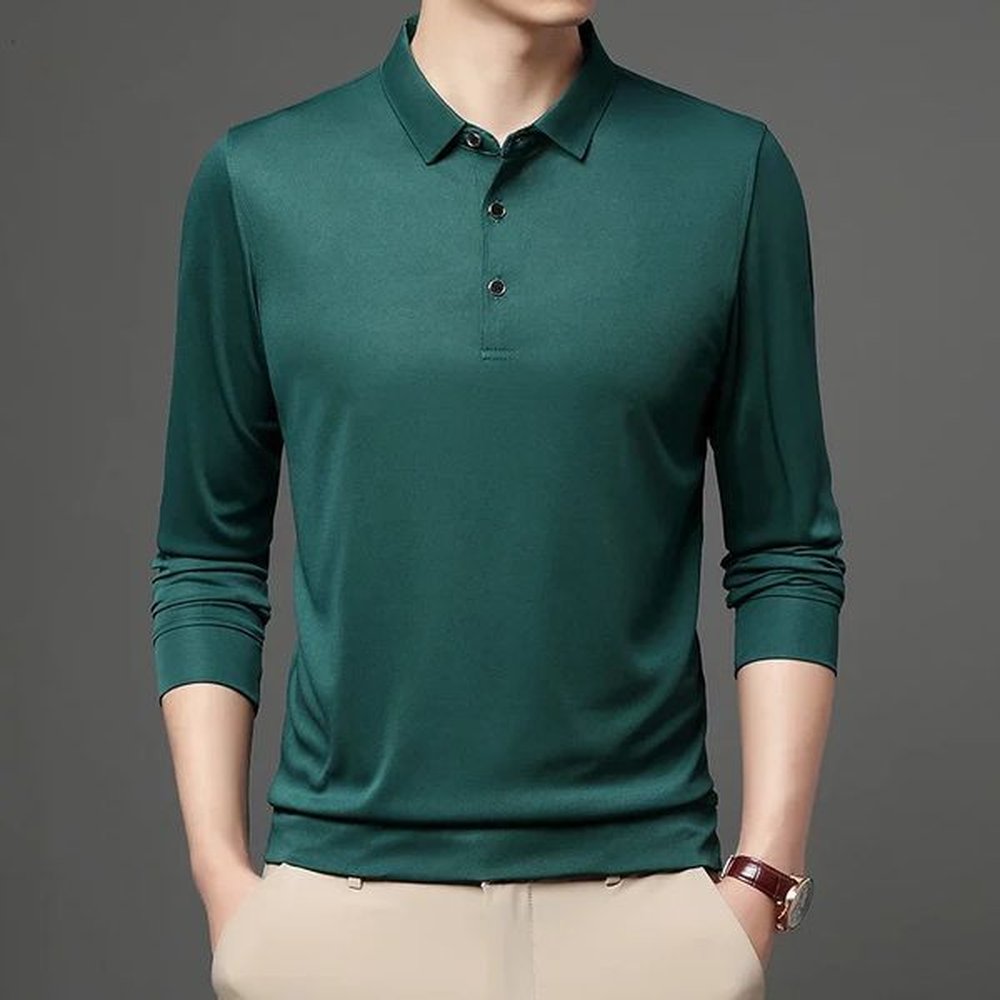 Spring and Autumn Long Sleeve Polo Shirt Collar Solid Mens Tshirt 250211