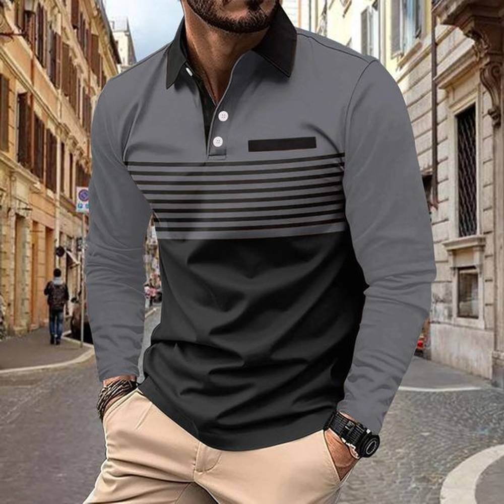 Spring and autumn mens casual long sleeved polo shirt fashionable striped pocket classic slim fit sports polo shirt 241206