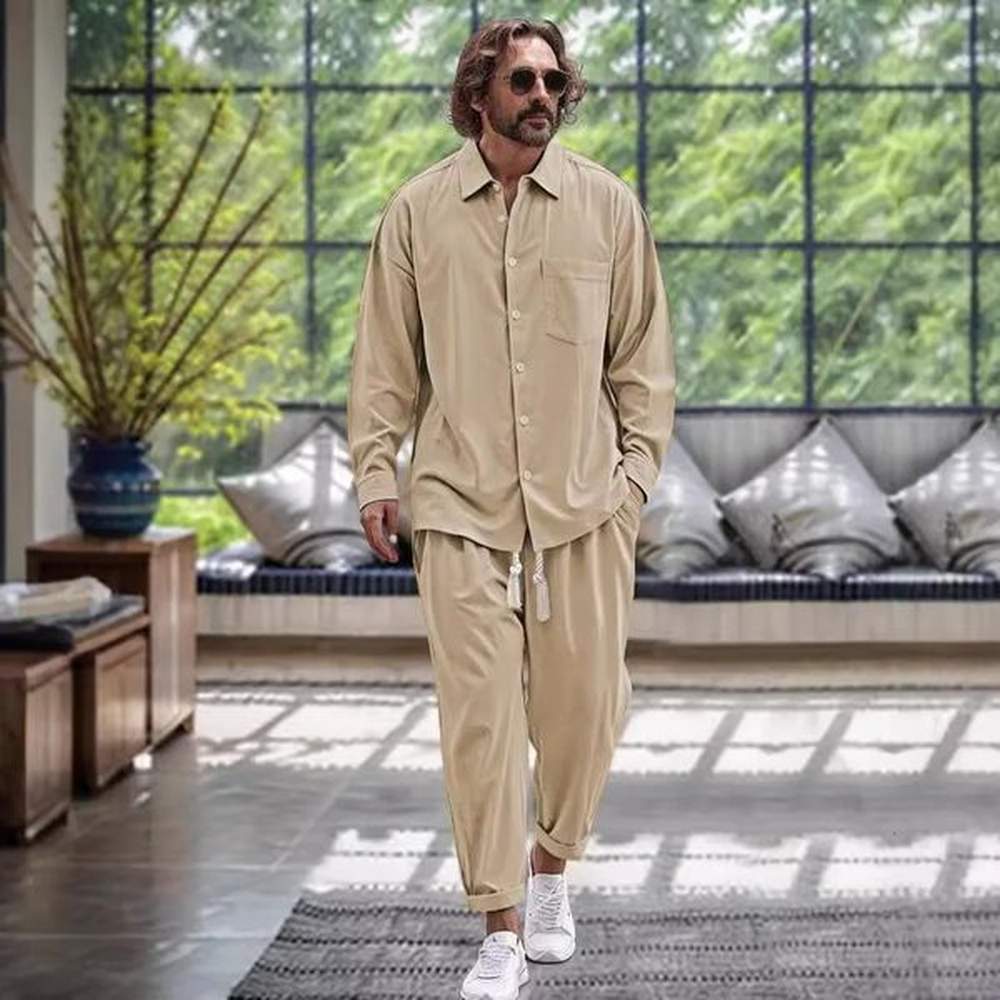 Spring and autumn mens fashion trend quality cotton linen shirt casual loose solid color lapel long sleeve trousers two sets 250207