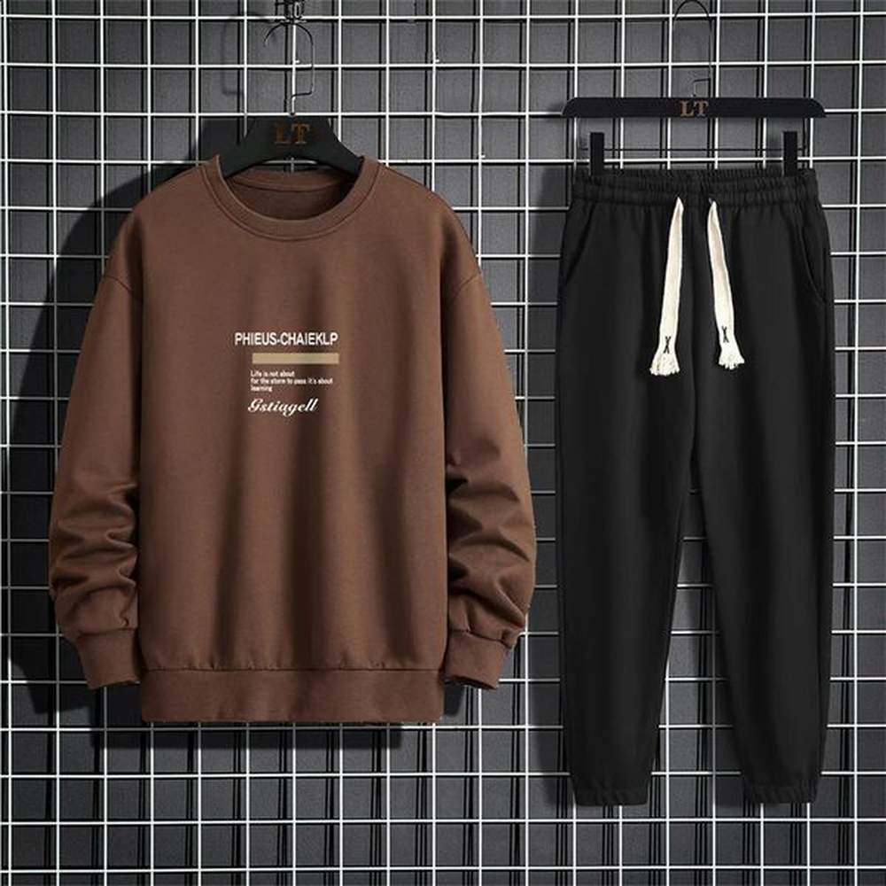 Spring and Autumn Mens Set Fashion Printed Round Neck Long Sleeve Loose Sports Shirt with Casual Pants Two Piece 241203
