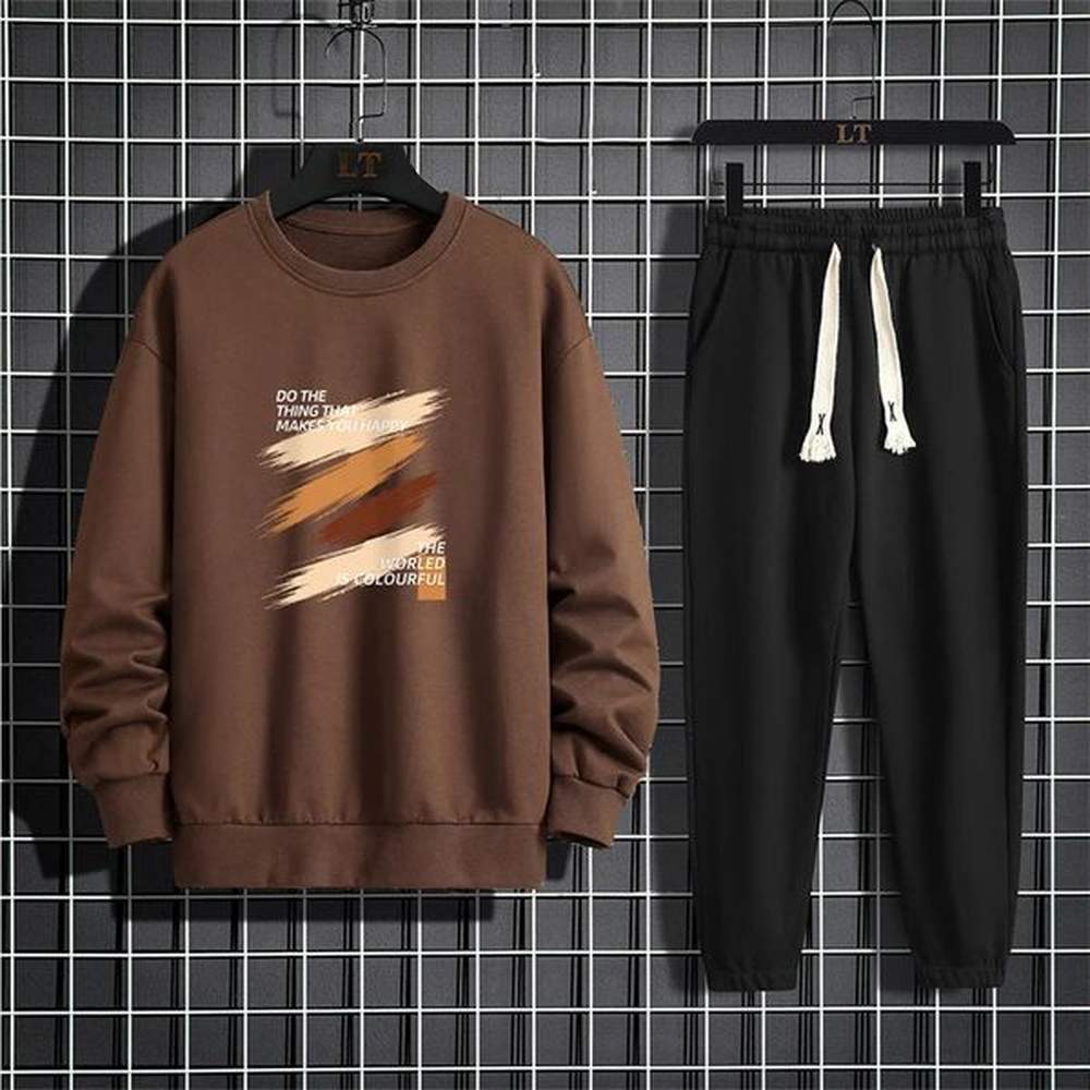 Spring And Autumn Mens Suit American Round Neck Long Sleeved Loose Shirt With Casual Sports Pants Two-Piece Set 241104