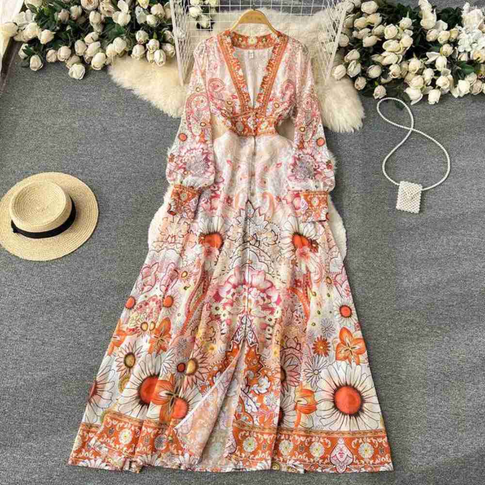 spring and autumn seasonal fake french vneck long sleeved printed