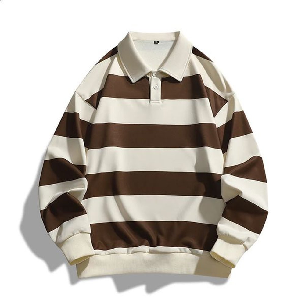 Spring and autumn striped long-sleeved POLO shirt mens trend all loose T-shirt hoodie men 241230