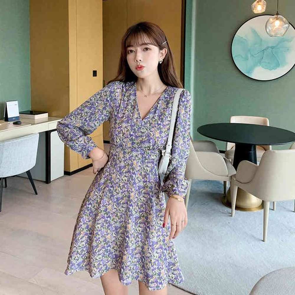 spring and summer sundresses womens chiffon dress holiday vneck longsleeved