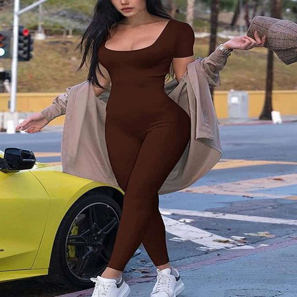 spring and summer womens shortsleeved solid color tight jumpsuit fashion