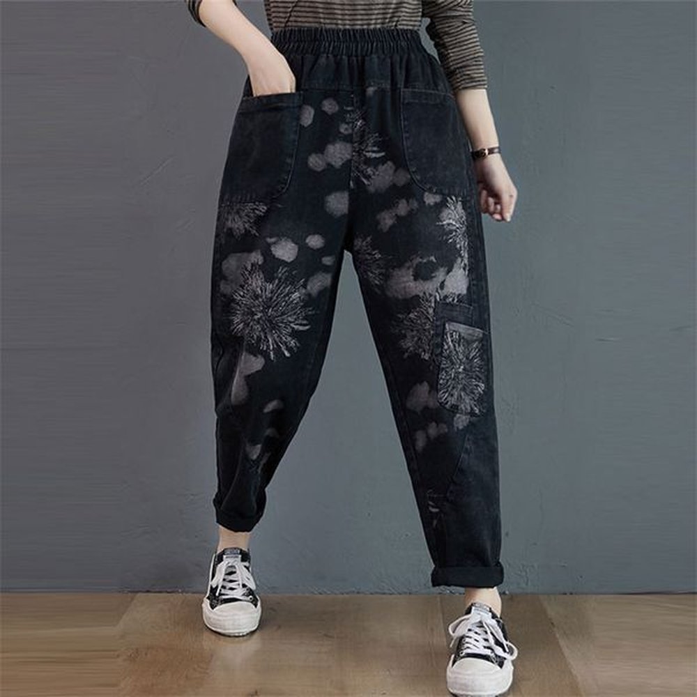 spring arts style women elastic waist loose jeans double pocket