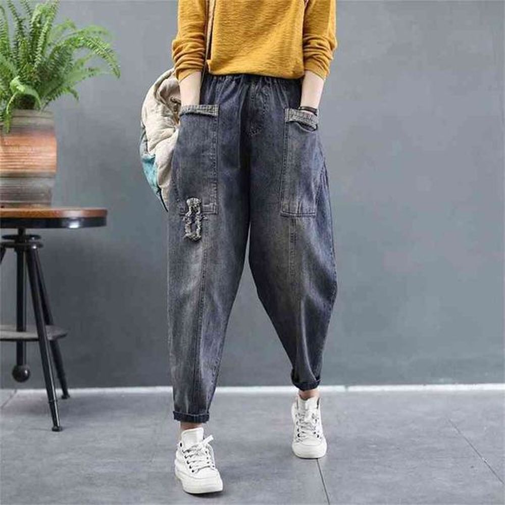 spring autumn arts style women elastic waist loose vintage jeans