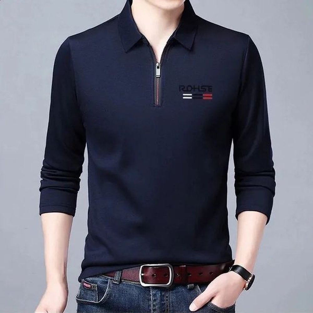 Spring Autumn Business Half Zipper Polo Shirt Long Sleeve Solid Casual All-match Tops Tees Fashion Vintage Men Clothing 240809