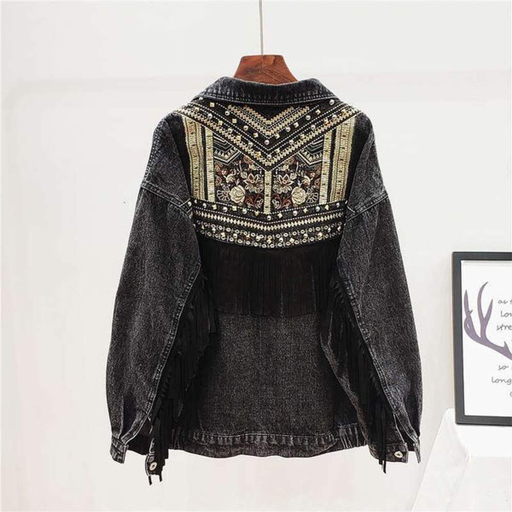spring autumn fashion jeans women rivet tassel embroidery loose long