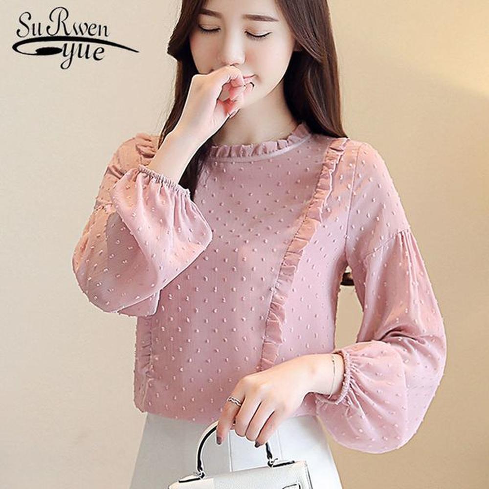 spring autumn fashion long sleeve women blouses chiffon shirts pink