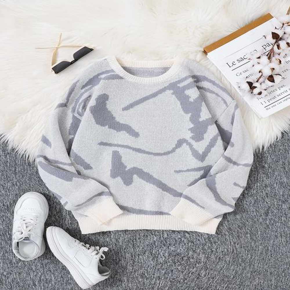 Spring Autumn Graffiti Jacquard Pattern Pullover Sweater Casual Round Neck Contrast Color Knitted Mens 241225