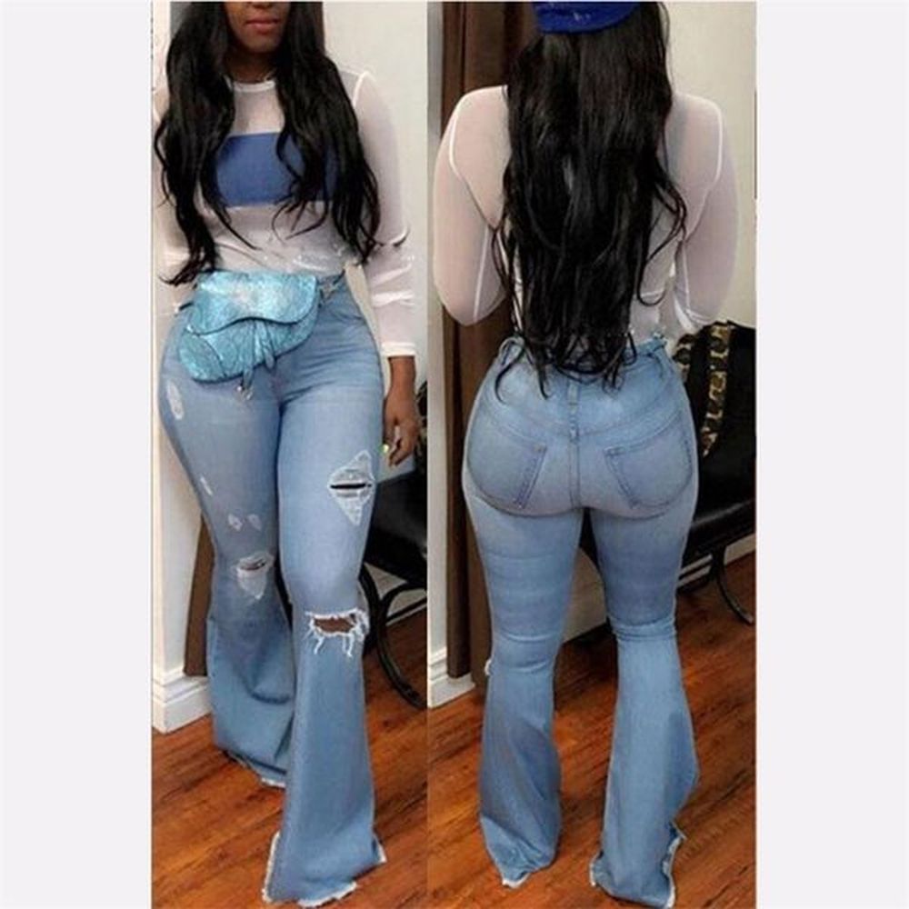 spring autumn high waist flare jeans black ripped female jeans