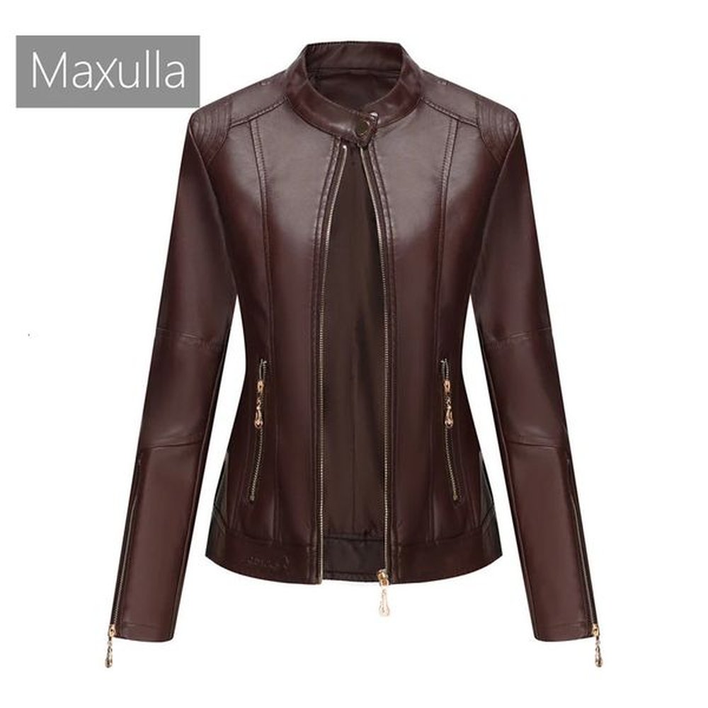 spring autumn ladies casual leather jacket outdoor windproof pu stand