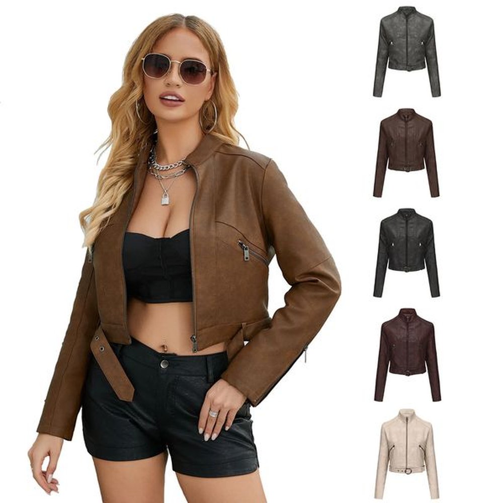 spring autumn ladies motorcycle style leather jacket female belt long