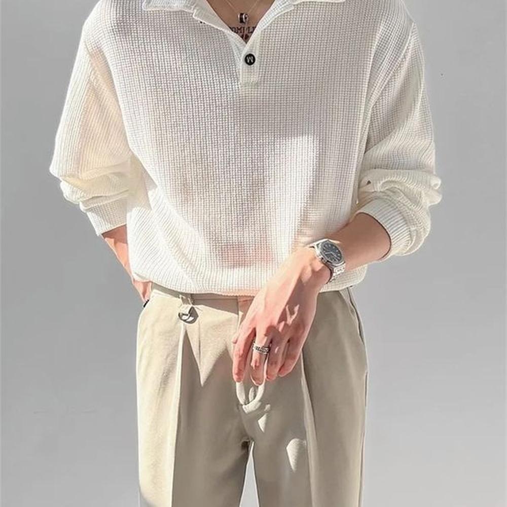 Spring Autumn Men Long Sleeve Polo Neck Loose Tshirt Casual Base Shirt Breathable Other Fiber Mixed Korean Style 241202
