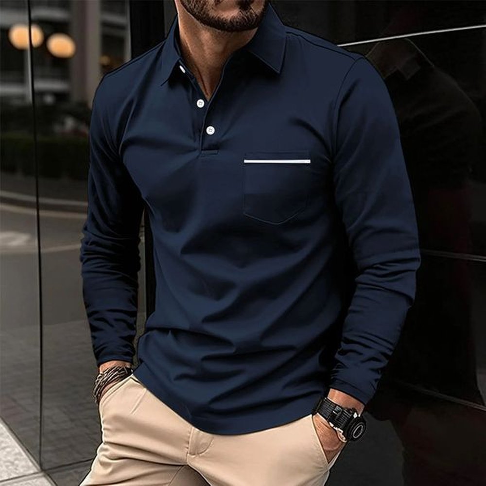 Spring Autumn Mens Business Casual Pocket Polo Long Sleeve T-shirt Comfortable and Breathable Solid Top 2024 241216