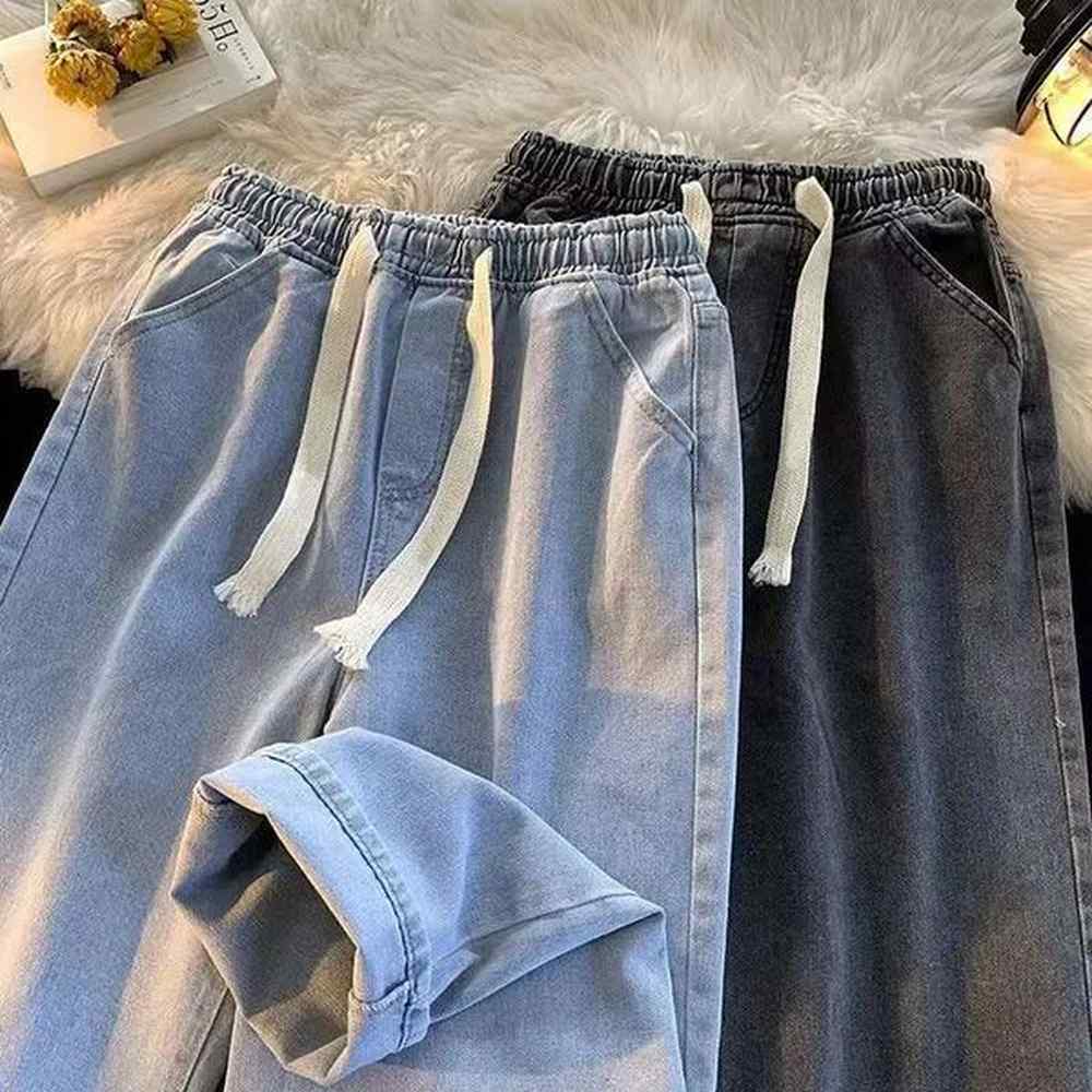 Spring Autumn Men's Elastic Waist Straight-Leg Jeans Loose-Fit Pants Drawstring Casual Slacks Plus Size