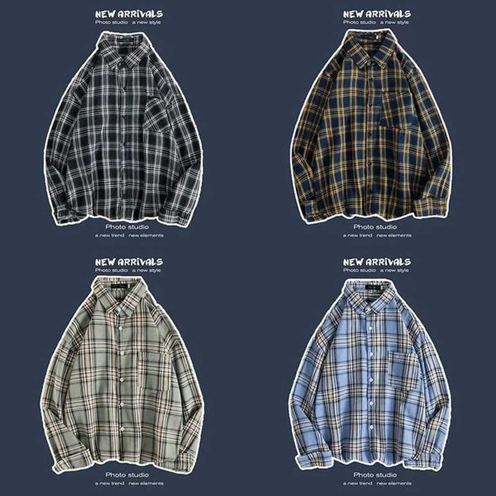 Spring Autumn Mens Korean Trendy Casual Loosefit Long Sleeve Shirt Hong Kong Style Versatile Couple Vintage Plaid Jacket 250208